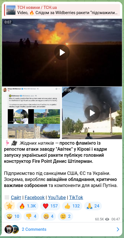 Screenshot of a Telegram post: Shtilerman Denys Leonidovych — 🦩🎥 Жодних натяків — просто фламінго із репостом атаки заводу…