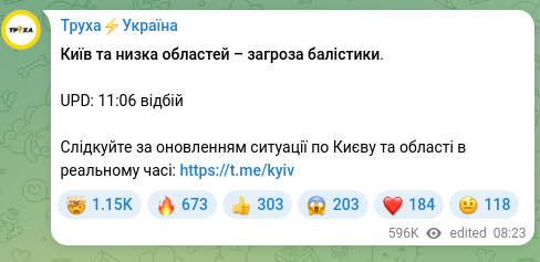 Скріншот Telegram-публікації: Київ та низка областей – загроза балістики. UPD: 11:06 відбій Слідкуйте за онов…