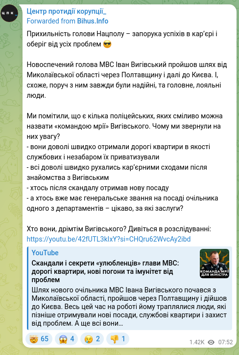 Скріншот Telegram-публікації: Прихильність голови Нацполу – запорука успіхів в карʼєрі і оберіг від усіх проб…
