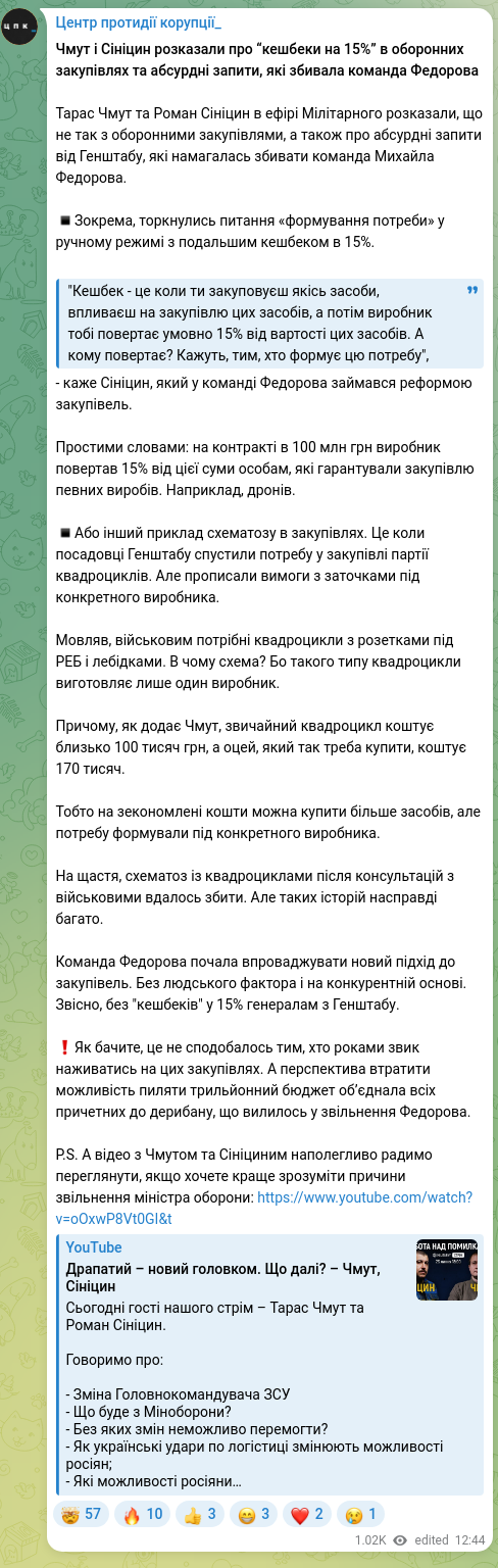 Скріншот Telegram-публікації: Федоров Михайло Альбертович — Чмут і Сініцин розказали про “кешбеки на 15%” в оборонних закупі…