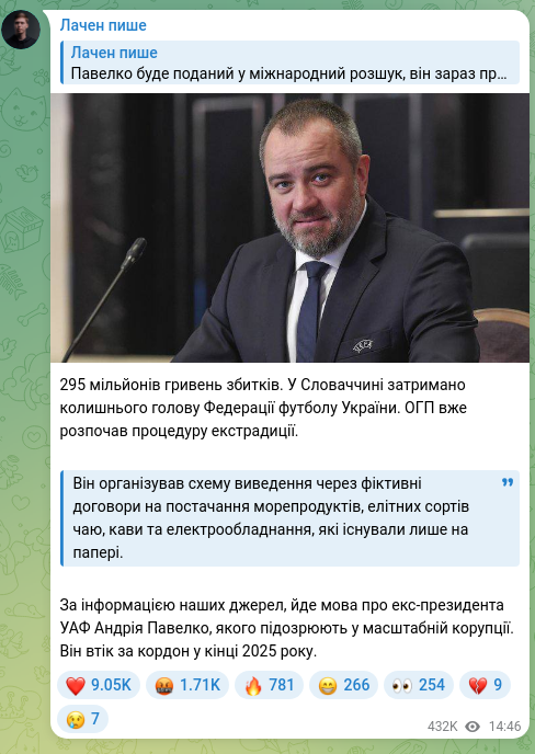 Скріншот Telegram-публікації: Павелко Андрій Васильович — 295 мільйонів гривень збитків. У Словаччині затримано колишнього г…