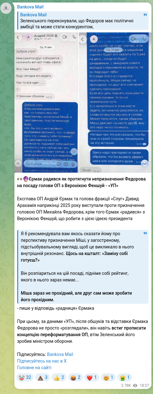 Скріншот Telegram-публікації: Арахамія Давид Георгійович — 👀🔮Єрмак радився як протягнути непризначення Федорова на посаду…