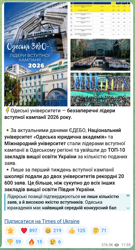 Screenshot of a Telegram post: Kivalov Serhiy Vasyliovych — ⚡️Одеські університети — беззаперечні лідери вступної кампанії…