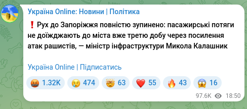 Скріншот Telegram-публікації: Калашник Микола Володимирович — ❗️Рух до Запоріжжя повністю зупинено: пасажирські потяги не д…