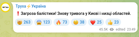 Скріншот Telegram-публікації: ❗️Загроза балістики! Знову тривога у Києві і низці областей.