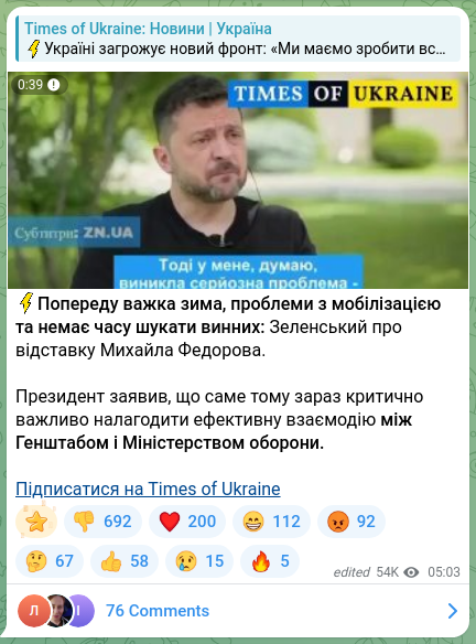 Скріншот Telegram-публікації: Федоров Михайло Альбертович — ⚡️Попереду важка зима, проблеми з мобілізацією та немає часу шу…
