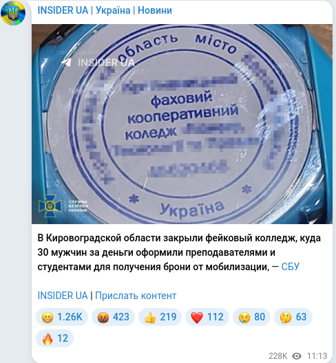 Скріншот Telegram-публікації