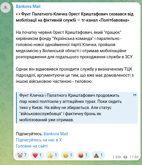 Screenshot of a Telegram post: Kryshtafovych Orest Yaroslavovych — 👀Фунт Палатного-Кличка Орест Криштафович сховався від мо…