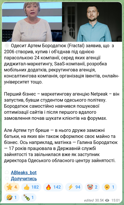 Скріншот Telegram-публікації: Бородатюк Артем Ігорович — 🚫 Одесит Артем Бородатюк (Fractal) заявив, що з 2006 створив, купи…