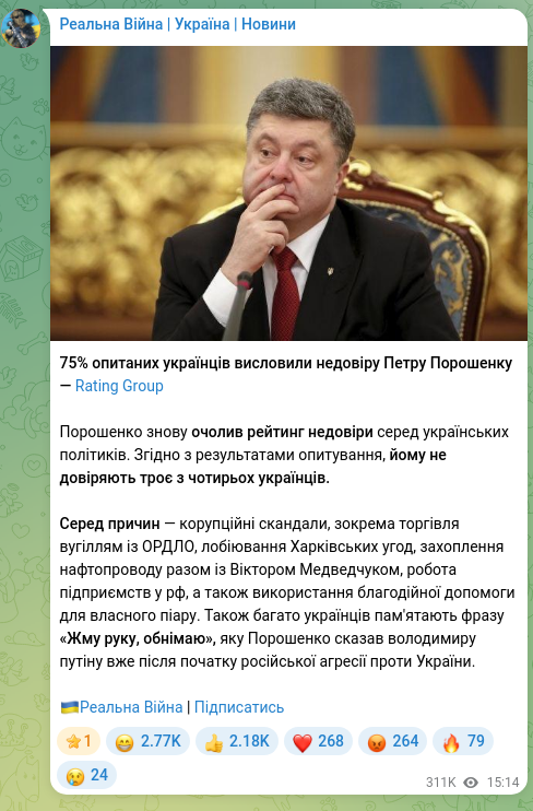Скріншот Telegram-публікації: Порошенко Петро Олексійович — 75% опитаних українців висловили недовіру Петру Порошенку — Rati…