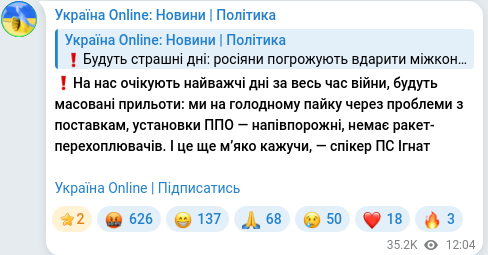 Скріншот Telegram-публікації