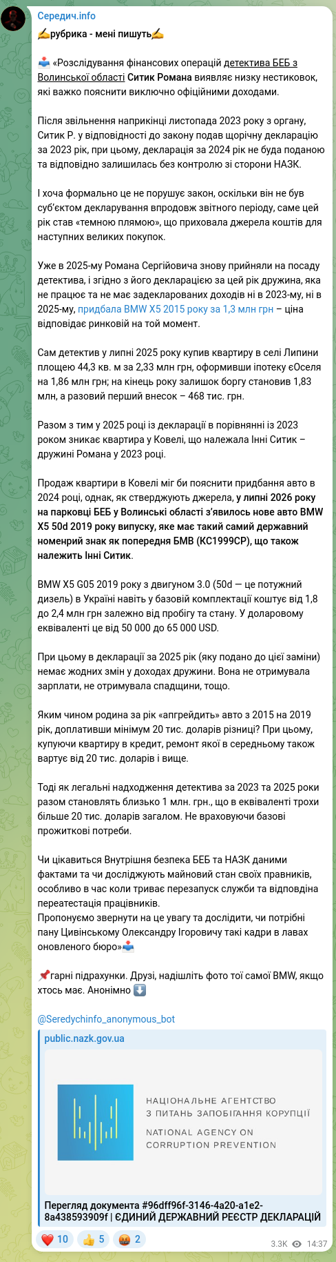 Скріншот Telegram-публікації: Цивінський Олександр Ігорович — ✍️рубрика - мені пишуть✍️ 📥 «Розслідування фінансових операці…