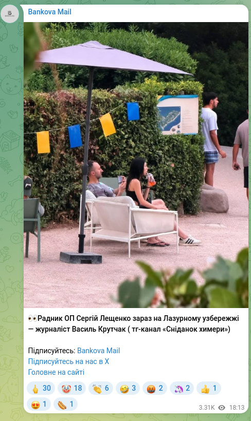 Screenshot of a Telegram post: Leshchenko Serhii Anatoliyovych — 👀Радник ОП Сергій Лещенко зараз на Лазурному узбережжі — ж…
