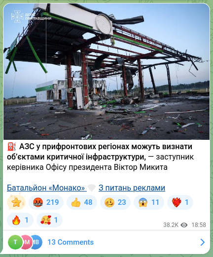Скріншот Telegram-публікації: Микита Віктор Федорович — ⛽️АЗС у прифронтових регіонах можуть визнати об’єктами критичної ін…