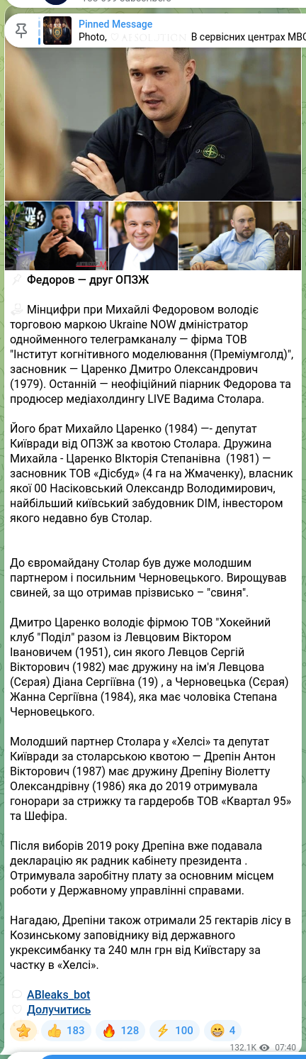 Скріншот Telegram-публікації: Насіковський Олександр Володимирович — 📌 Федоров — друг ОПЗЖ ☑️ Мінцифри при Михайлі Федорово…