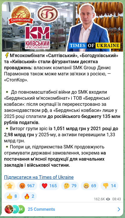Screenshot of a Telegram post: Paramonov Denys Yusupovych — ⚡️М'ясокомбінати «Cалтівський», «Богодухівський» та «Київський»…