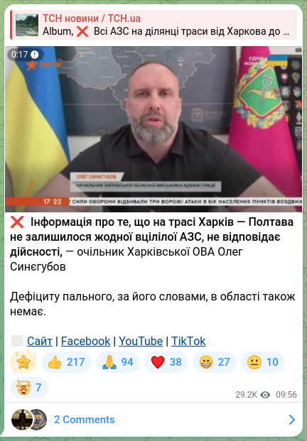 Screenshot of a Telegram post: Synehubov Oleh Vasyliovych — ❌ Інформація про те, що на трасі Харків — Полтава не залишилося…