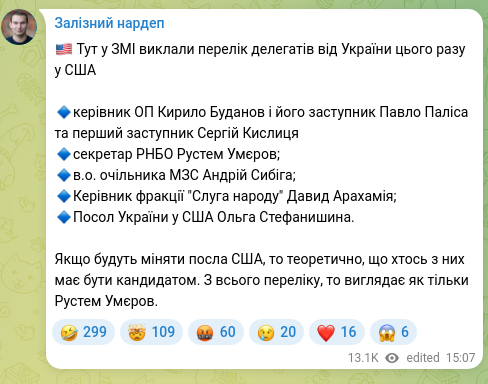 Скріншот Telegram-публікації: Арахамія Давид Георгійович — 🇺🇸 Тут у ЗМІ виклали перелік делегатів від України цього разу у С…