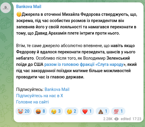Скріншот Telegram-публікації: Зеленський Володимир Олександрович — 🤫Джерела в оточенні Михайла Федорова стверджують, що, зо…