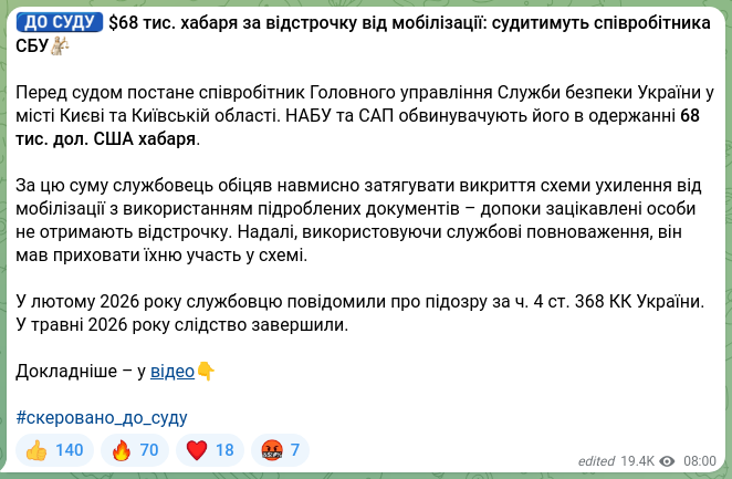 Screenshot of a Telegram post: ⚖️⚖️⚖️⚖️ $68 тис. хабаря за відстрочку від мобілізації: судитимуть співробітник…