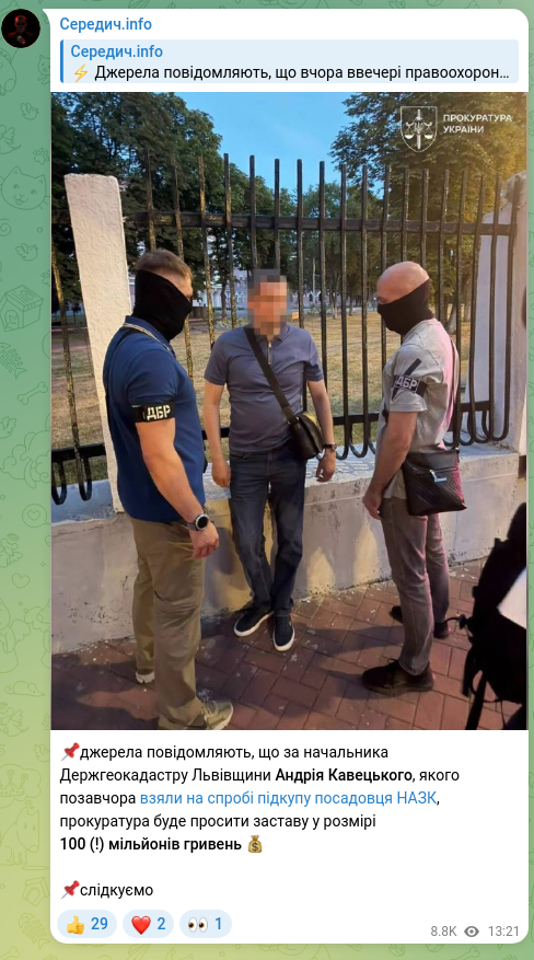 Скріншот Telegram-публікації: 📌джерела повідомляють, що за начальника Держгеокадастру Львівщини Андрія Кавец…