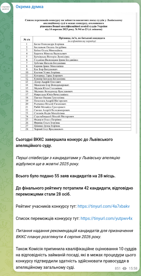 Screenshot of a Telegram post: Сьогодні ВККС завершила конкурс до Львівського апеляційного суду. Перші співбес…