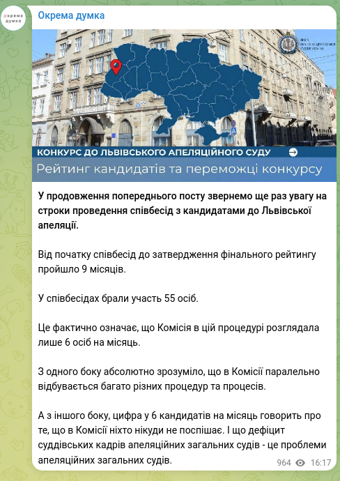 Screenshot of a Telegram post: У продовження попереднього посту звернемо ще раз увагу на строки проведення спі…