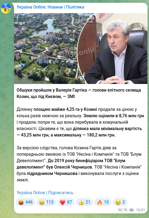 Screenshot of a Telegram post: Chernyshov Oleksiy Mykhailovych — Обшуки пройшли у Валерія Гартіка — голови елітного селища К…