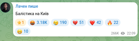 Скріншот Telegram-публікації: Балістика на Київ
