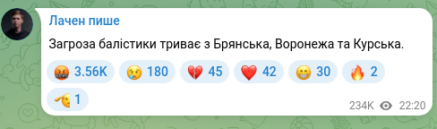Скріншот Telegram-публікації: Загроза балістики триває з Брянська, Воронежа та Курська.