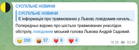 Скріншот Telegram-публікації: Садовий Андрій Іванович — Попередньо відомо про шістьох травмованих унаслідок обстрілу, повідо…