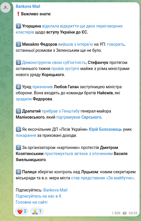 Screenshot of a Telegram post: Bolokhovets Yurii Vitaliiovych — ❗️Важливо знати: 1️⃣ Угорщина відклала відкриття ще двох пе…