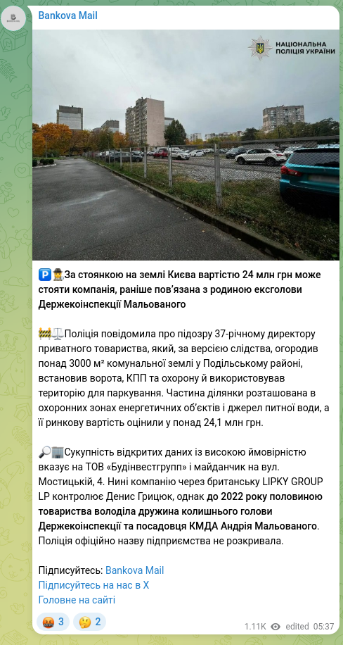 Screenshot of a Telegram post: Malovanyy Andriy Mykolayovych — 🅿️🕵️За стоянкою на землі Києва вартістю 24 млн грн може стоят…