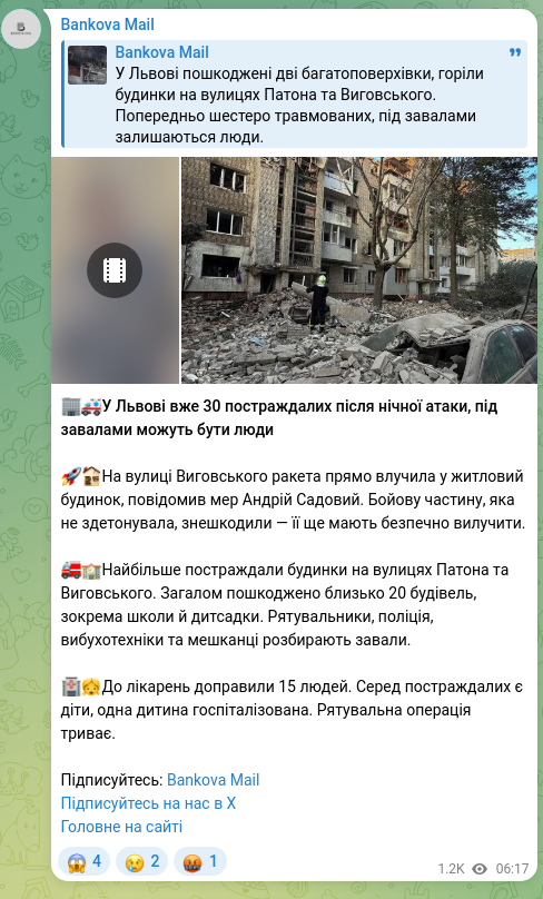 Screenshot of a Telegram post: Sadovyi Andriy Ivanovych — 🏢🚑У Львові вже 30 постраждалих після нічної атаки, під завалами…