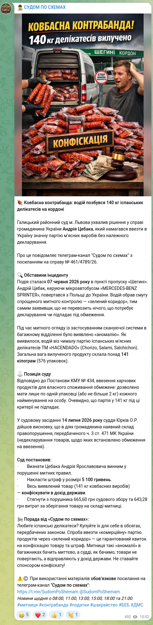Скріншот Telegram-публікації: 🍖 Ковбасна контрабанда: водій позбувся 140 кг іспанських делікатесів на кордон…