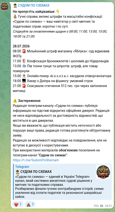 Screenshot of a Telegram post: Не пропустіть найцікавіше 👇 💰 Гучні справи, великі штрафи та масштабні конфіс…