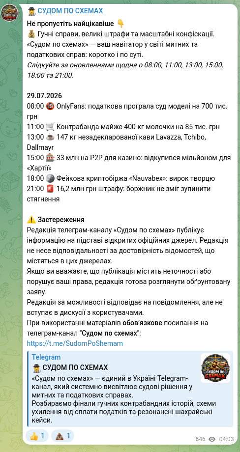 Screenshot of a Telegram post: Не пропустіть найцікавіше 👇 💰 Гучні справи, великі штрафи та масштабні конфіс…