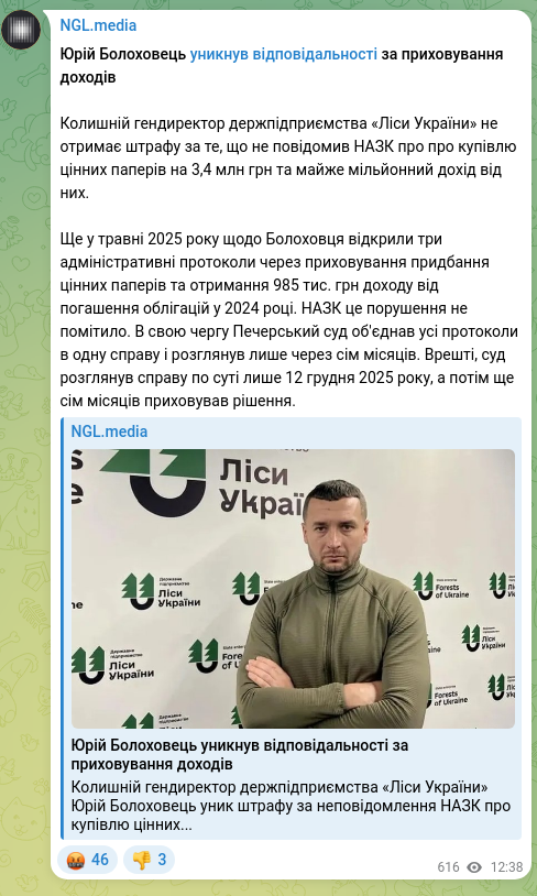 Скріншот Telegram-публікації: Болоховець Юрій Віталійович — Юрій Болоховець уникнув відповідальності за приховування доходів…