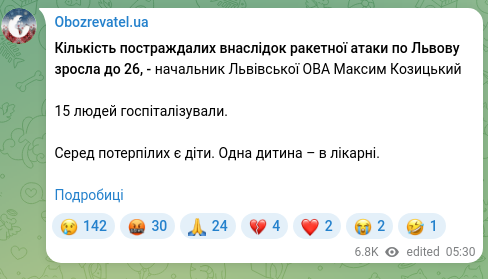 Скріншот Telegram-публікації: Козицький Максим Зіновійович — Кількість постраждалих внаслідок ракетної атаки по Львову зросл…