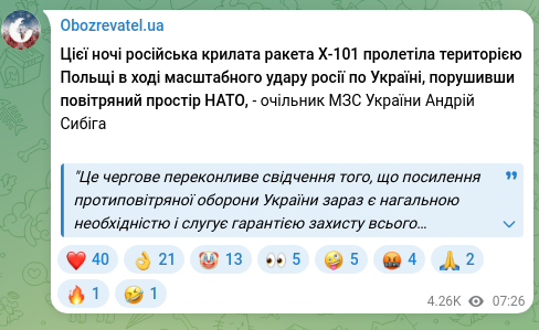 Скріншот Telegram-публікації: Сибіга Андрій Іванович — Цієї ночі російська крилата ракета Х-101 пролетіла територією Польщі…