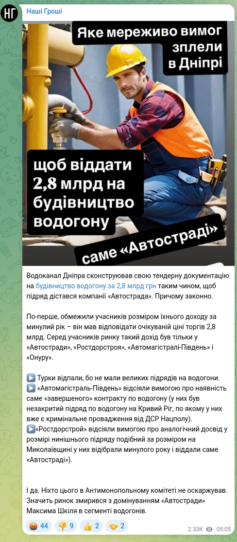 Screenshot of a Telegram post: Shkil Maksym Viktorovych — Водоканал Дніпра сконструював свою тендерну документацію на будівн…