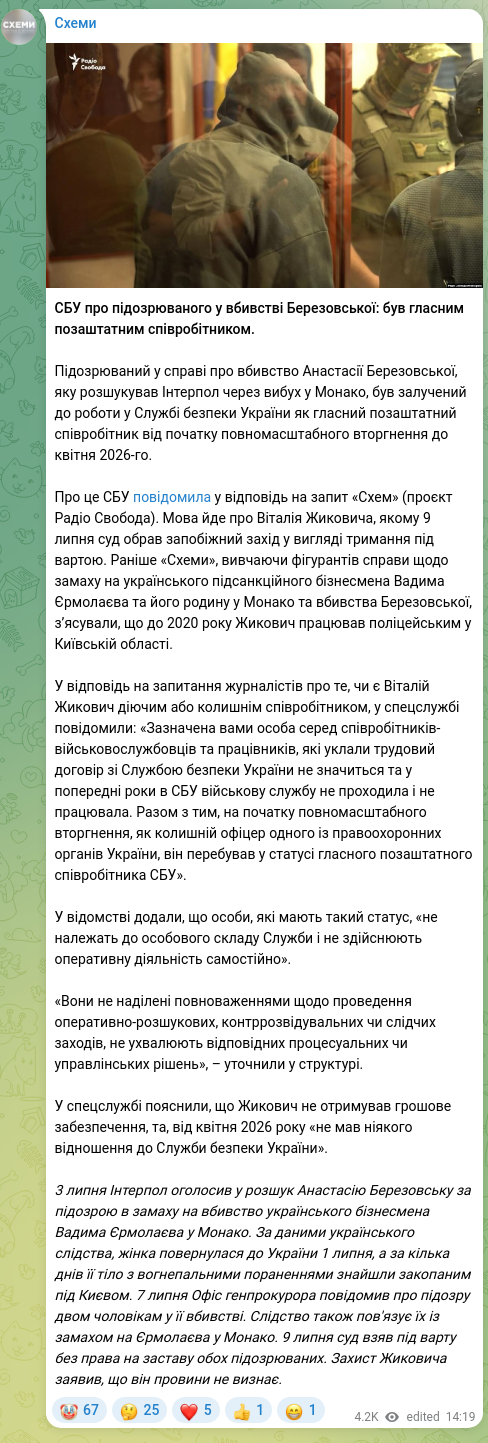 Screenshot of a Telegram post: Yermolayev Vadym Volodymyrovych — СБУ про підозрюваного у вбивстві Березовської: був гласним…