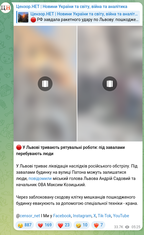 Screenshot of a Telegram post: Kozytskyi Maksym Zinoviiovych — 🔴 У Львові тривають рятувальні роботи: під завалами перебува…