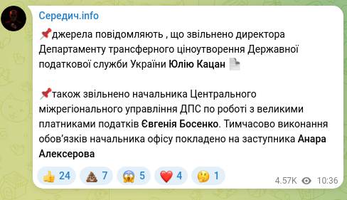 Скріншот Telegram-публікації: 📌джерела повідомляють , що звільнено директора Департаменту трансферного ціноу…