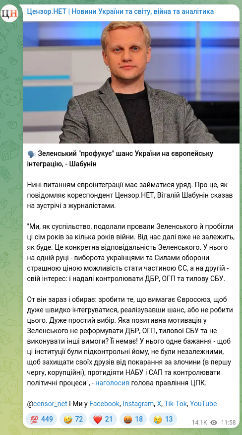 Скріншот Telegram-публікації: Шабунін Віталій Вікторович — 🗣️ Зеленський "профукує" шанс України на європейську інтеграцію,…