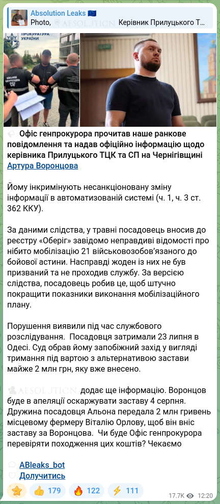 Screenshot of a Telegram post: Vorontsov Artur Vyacheslavovych — 🔈 Офіс генпрокурора прочитав наше ранкове повідомлення та…