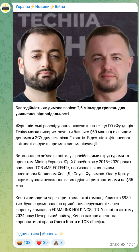Скріншот Telegram-публікації: Крот Олег Володимирович — Благодійність як димова завіса: 2,5 мільярда гривень для уникнення в…