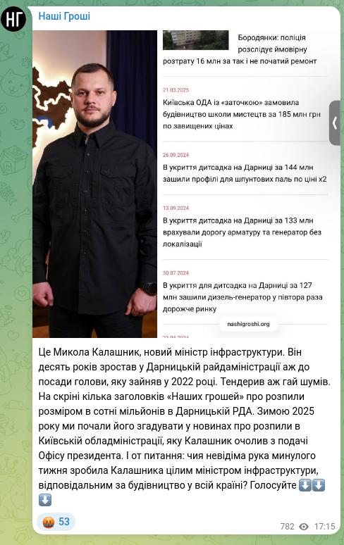 Скріншот Telegram-публікації: Калашник Микола Володимирович — Це Микола Калашник, новий міністр інфраструктури. Він десять р…