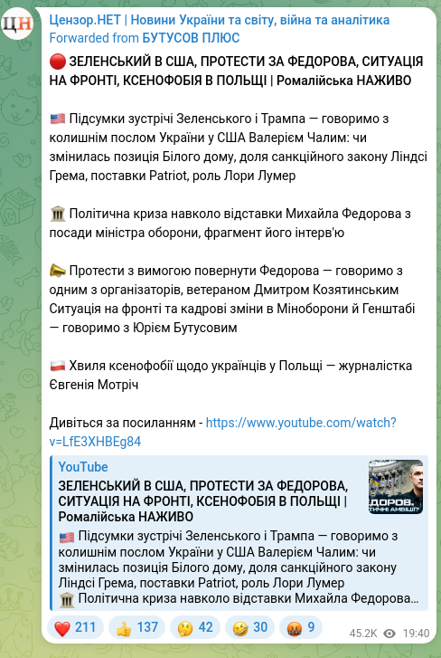 Screenshot of a Telegram post: Fedorov Mykhailo Albertovych — 🔴 ЗЕЛЕНСЬКИЙ В США, ПРОТЕСТИ ЗА ФЕДОРОВА, СИТУАЦІЯ НА ФРОНТІ,…