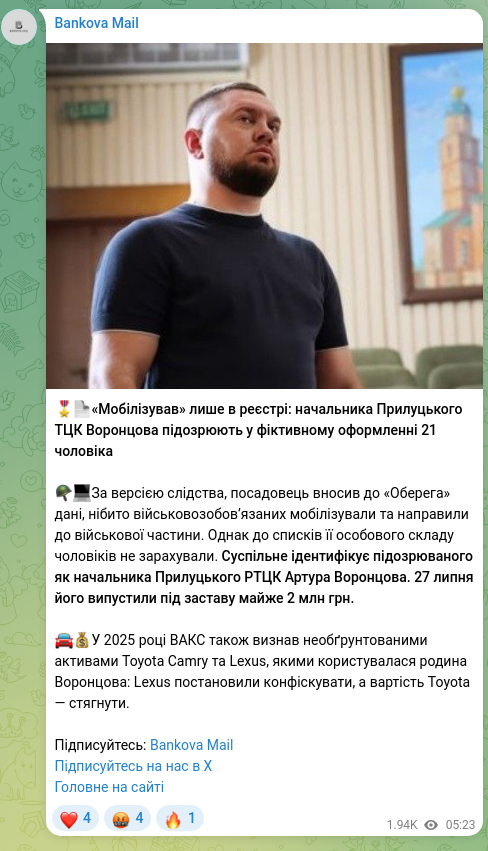 Screenshot of a Telegram post: Vorontsov Artur Vyacheslavovych — 🎖📄«Мобілізував» лише в реєстрі: начальника Прилуцького ТЦК…